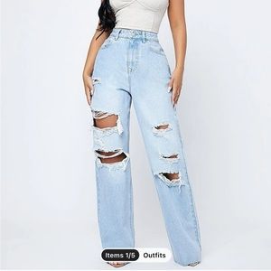 Ripped Fringe Detail Wide Leg Jeans